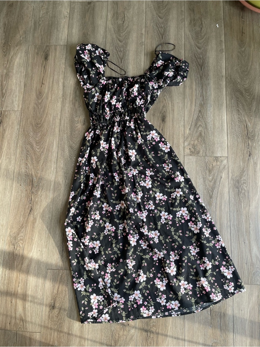 Floral Puff-Sleeve Black Midi Dress with Pink Blossoms